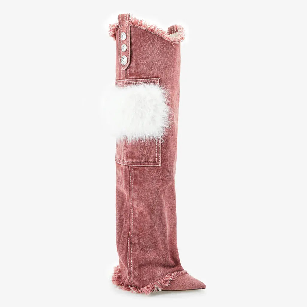 Tuhoomall Knee High Boots with Faux Fur and Metallic Buckles for Vintage Parties and Casual Outings Tuhoomall