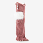 Tuhoomall Knee High Boots with Faux Fur and Metallic Buckles for Vintage Parties and Casual Outings