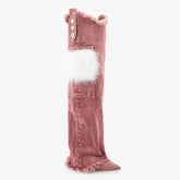 Tuhoomall Knee High Boots with Faux Fur and Metallic Buckles for Vintage Parties and Casual Outings Tuhoomall
