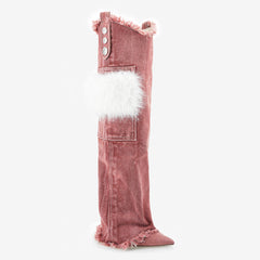 Tuhoomall Knee High Boots with Faux Fur and Metallic Buckles for Vintage Parties and Casual Outings