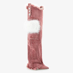 Tuhoomall Knee High Boots with Faux Fur and Metallic Buckles for Vintage Parties and Casual Outings Tuhoomall