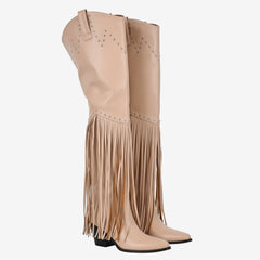 Tuhoomall Over-The-Knee High Heel Boots With Fringes And Studs For Party And Fashion Events