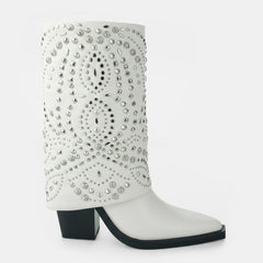 Tuhoomall Western Cowboy Boots For Women, Mid-Calf Foldable Design, Trendy Geometric Pattern, Chunky Heel, Sparkling Studs, Perfect For Outdoor Fashion