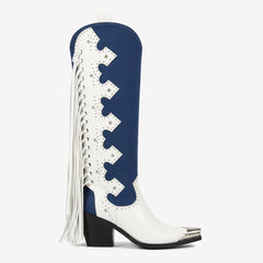 Tuhoomall Western Knee-High Boots for Women, Snip Toe, Fringe Accents, 7.5cm Chunky Heel - Perfect for Casual and Special Occasions