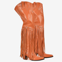 Tuhoomall Over-The-Knee High Heel Boots With Fringes And Studs For Party And Fashion Events