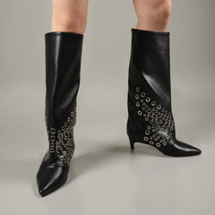 Tuhoomall Knee High Kitten Heel Boots For Women - Stylish PU Leather, Pointed Toe, Low Heel - Perfect For Dance And Casual Wear All Year Round