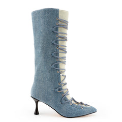 Tuhoomall Fashion Casual Mid-Calf Boots with Gradient Pattern, Pointed Toe, Chunky Heel, Slip-On Design for All Seasons