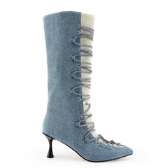 Tuhoomall Fashion Casual Mid-Calf Boots with Gradient Pattern, Pointed Toe, Chunky Heel, Slip-On Design for All Seasons Tuhoomall