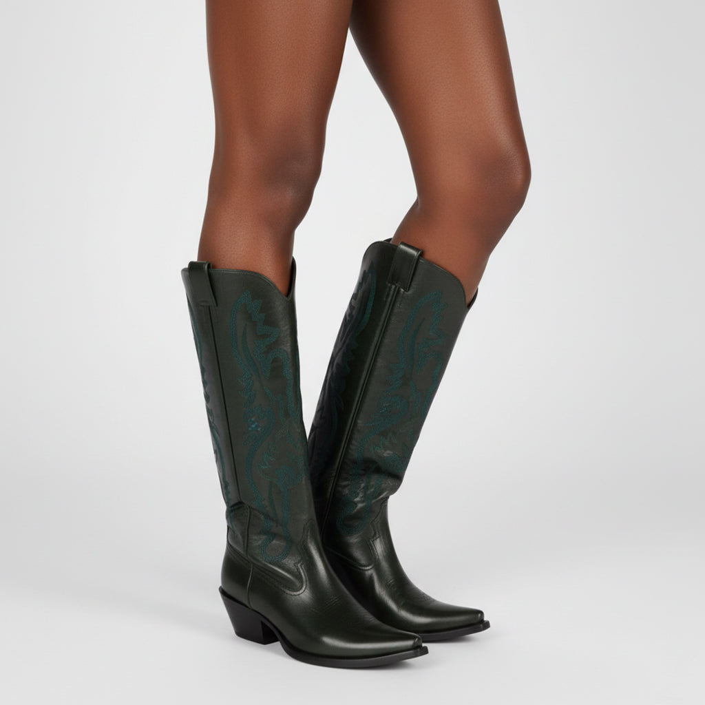 Tuhoomall Western Style Floral Embroidery Knee High Boots for Work - 5.6 cm Chunky Heel, Rubber Sole, Slip-On Design, Classic Fashion وترتیب Tuhoomall