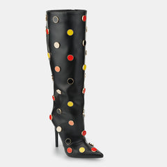 Tuhoomall Stunning over-the-knee High Heels Womens Boots with Polka Dot Pattern for Parties and Performances, Synthetic Leather, 12cm Heel