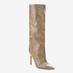 Tuhoomall Knee High Fashion Boots For Parties And Performances With 9.5cm Stiletto Heels And Crinkled PU Leather