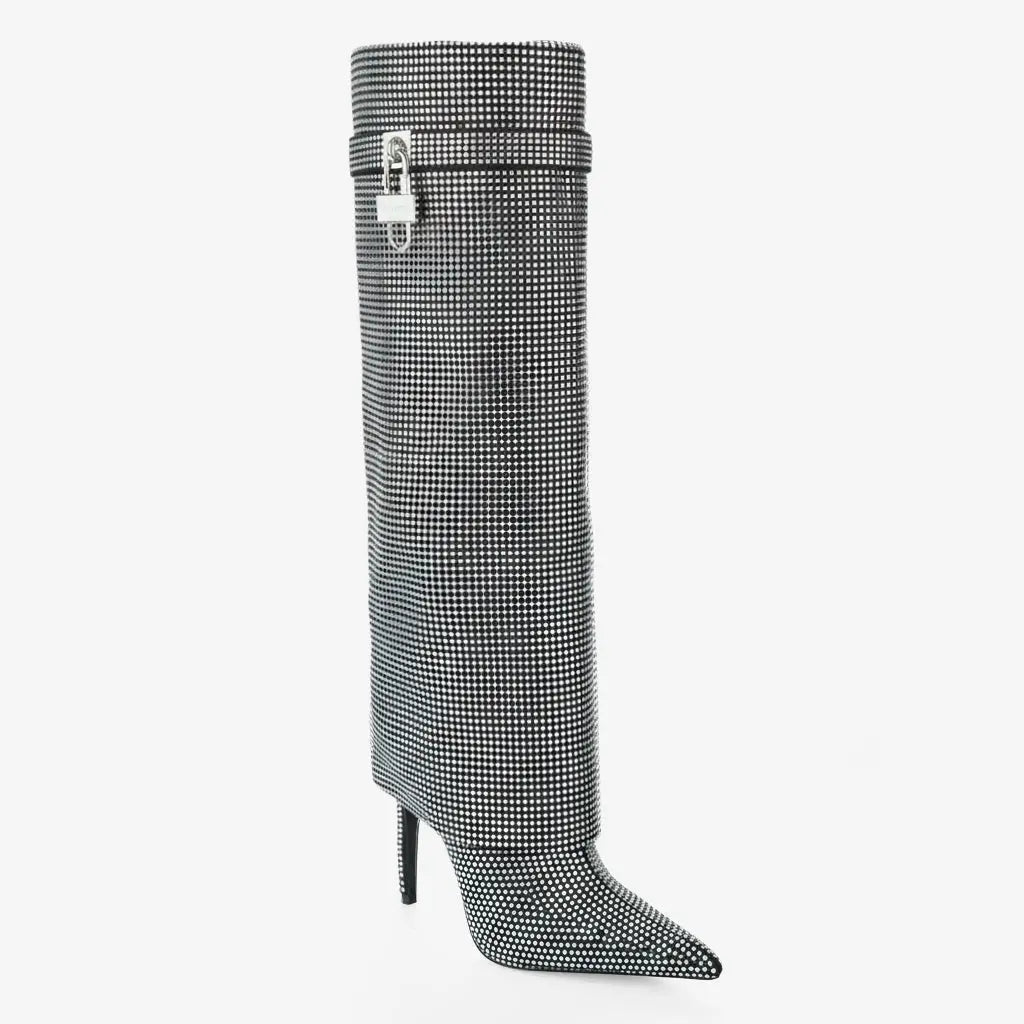 Tuhoomall Western Knee-High Cowboy Boots for Women, Stylish and Outdoor, Glittering Rhinestones and Metal Buckle, 12 cm Stiletto Heel Tuhoomall