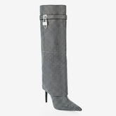 Tuhoomall Western Knee-High Cowboy Boots for Women, Stylish and Outdoor, Glittering Rhinestones and Metal Buckle, 12 cm Stiletto Heel