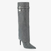 Tuhoomall Western Knee-High Cowboy Boots for Women, Stylish and Outdoor, Glittering Rhinestones and Metal Buckle, 12 cm Stiletto Heel Tuhoomall