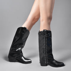 Tuhoomall Knee High Boots - Comfortable Chunky Heel with Bow, Studded Design for Parties and Casual Outings