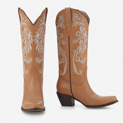 Tuhoomall Western Style Embroidered Mid-Calf Boots for All Seasons, Slip-On Low Chunky Heels with PU Material and Sniper Toe Design