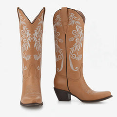 Tuhoomall Western Style Embroidered Mid-Calf Boots for All Seasons, Slip-On Low Chunky Heels with PU Material and Sniper Toe Design Tuhoomall