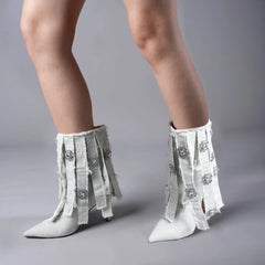 Tuhoomall High-Top Women's Short Boots with Rhinestones and Tassels, Stylish Casual Ankle Booties for Parties and Performances, 10cm Stiletto Heels Tuhoomall