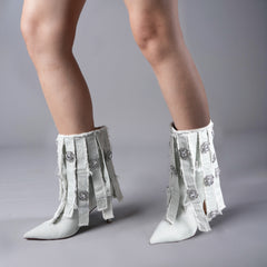 Tuhoomall High-Top Women's Short Boots with Rhinestones and Tassels, Stylish Casual Ankle Booties for Parties and Performances, 10cm Stiletto Heels