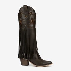 Tuhoomall Comfortable Western Knee-High Boots with Fringe and Studs for Fashion, Party, and Performance - 7.5cm Chunky Heel, All-Season Wear