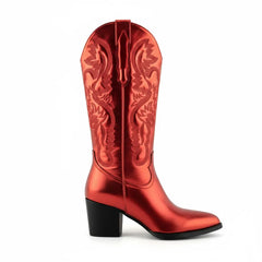 Tuhoomall Western Style Embroidered Mid Calf Boots for Women, Pointed Toe, Chunky Low Heel, Fashionable All-Season Footwear, Perfect for Parties Tuhoomall