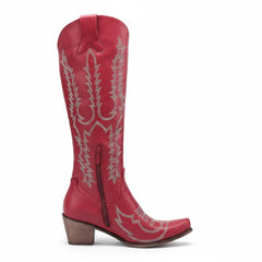 Tuhoomall Western Knee-High Cowgirl Boots with Embroidery, Chunky Heel, Slip-On Design for Outdoor Adventures
