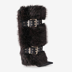 Tuhoomall Knee-High Folded Fashion Boots with Pointed Toe, Faux Fur Design, Adjustable Buckle, Stylish Rubber Sole for Parties and Performances