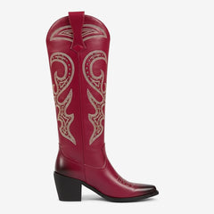 Tuhoomall Western Style Knee High Boots With Rhinestones & Embroidery, Trendy Chunky Heels For Casual Office Wear, All Season Comfort