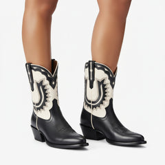 Tuhoomall Stylish Women's Ankle Boots with Embroidery and Laser Cut Out, Perfect for Parties and Performances, Comfortable Chunky Heel Design