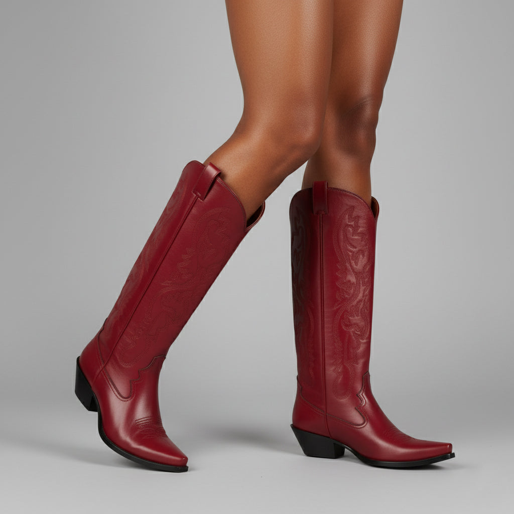 Tuhoomall Western Style Floral Embroidery Knee High Boots for Work - 5.6 cm Chunky Heel, Rubber Sole, Slip-On Design, Classic Fashion وترتیب Tuhoomall