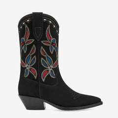 Tuhoomall Retro Western Boots for Women, Embroidered Suede Slip-On Casual Fashion, Chunky Heeled Mid-Calf Fashion Shoes, Year-Round Comfort Tuhoomall