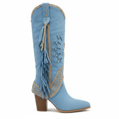Tuhoomall Faux Suede Pointed Toe Fringe Western Mid Calf Boots for Casual Spring Autumn Winter Wear
