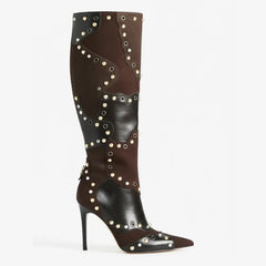 Tuhoomall Stylish Knee-High Party Boots for Women, Comfortable Pointed Toe, Chunky Heel, Zipper Closure, Studded & Metallic Accent Design Tuhoomall