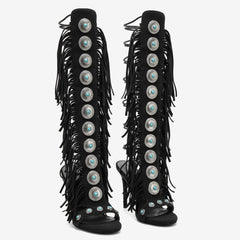 Tuhoomall High Heel Open Toe Booties with Fringe and Stone Detail for Party and Fashion Runway Events