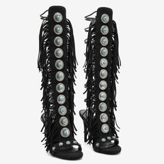 Tuhoomall High Heel Open Toe Booties with Fringe and Stone Detail for Party and Fashion Runway Events Tuhoomall
