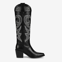 Tuhoomall Western Style Knee High Boots With Rhinestones & Embroidery, Trendy Chunky Heels For Casual Office Wear, All Season Comfort