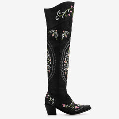 Tuhoomall Western Cowgirl Over-the-Knee Boots With Chunky Heel, Embroidered Floral Design, Comfortable Slip-On Style For Fashionable Outdoor Adventures Tuhoomall