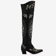 Tuhoomall Western Cowgirl Over-the-Knee Boots With Chunky Heel, Embroidered Floral Design, Comfortable Slip-On Style For Fashionable Outdoor Adventures