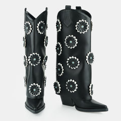 Tuhoomall Western Cowboy Knee High Boots for Women - Floral Pattern, Foldable Design, Chunky Heel, Perfect for Fashion, Outdoor and Casual Wear