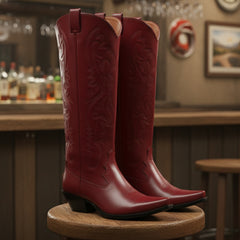 Tuhoomall Western Style Floral Embroidery Knee High Boots for Work - 5.6 cm Chunky Heel, Rubber Sole, Slip-On Design, Classic Fashion وترتیب