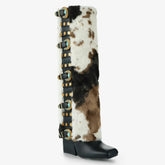 Tuhoomall Knee-High Western Boots for Parties and Special Occasions with Colorful Buckles and Jewel Hardware, Chunky Heel, Stylish Design Tuhoomall