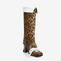 Tuhoomall Knee-High Cowboy Boots for Parties, Animal Print, Chunky Heel, Cross-Strap Design, All-Season Fashion Footwear