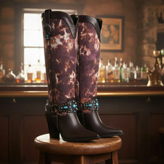 Tuhoomall Western Cowboy Knee High Boots for Women with Studs and Metal Buckle, Chunky Heel for Casual, Theme Parties and Performances Tuhoomall