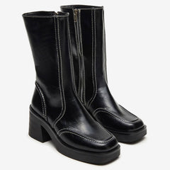 Tuhoomall Fashionable Casual Mid-Calf Boots for Travel and Outdoor, Comfortable Chunky Heels with Metal Zipper and Color Block Design Tuhoomall