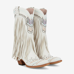 Tuhoomall Western Cowgirl Boots for Women, Slip-On Chunky Heel Mid Calf with Fringe, Durable Rubber Sole, Stylish Vegan Leather, Embroidered Design, All-Season Wear