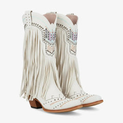 Tuhoomall Western Cowgirl Boots for Women, Slip-On Chunky Heel Mid Calf with Fringe, Durable Rubber Sole, Stylish Vegan Leather, Embroidered Design, All-Season Wear Tuhoomall
