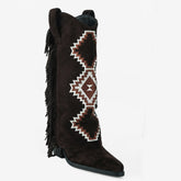 Tuhoomall Western Style Mid-Calf Booties with Colorful Geometric Patterns and Floral Embroidery - Perfect for Bohemian Chic Casual Outfits