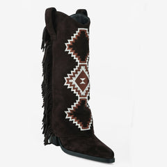 Tuhoomall Western Style Mid-Calf Booties with Colorful Geometric Patterns and Floral Embroidery - Perfect for Bohemian Chic Casual Outfits