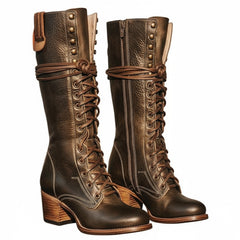 Tuhoomall Western Cowgirl Mid Calf Boots, Retro Chunky Heel, Round Toe, Zipper Closure, Stylish Casual Travel Footwear