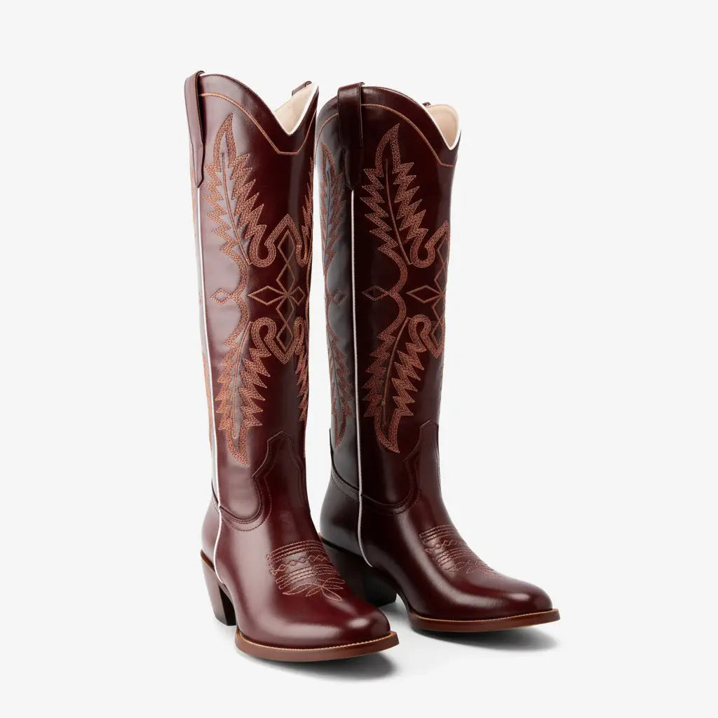 Tuhoomall Dark Green Embroidered Western Knee High Boots for Wide Calf with Chunky Heel Tuhoomall